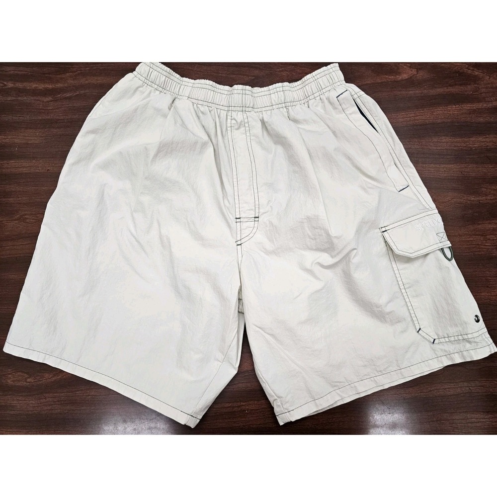 Speedo Mens Swim Trunks L Beige Cargo Board Shorts Lined Drawstring Beach